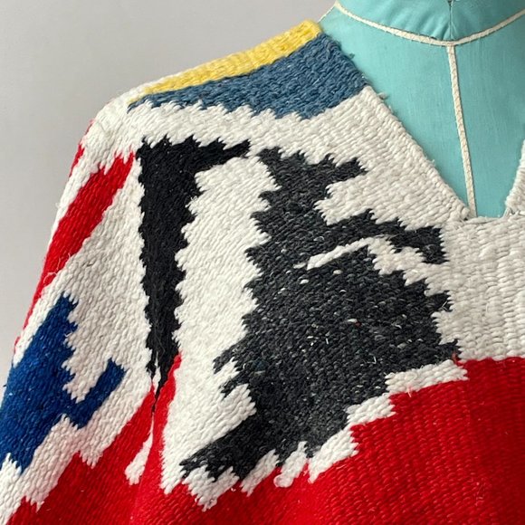 Vintage Navajo Southwest Woven Blanket Shawl Poncho Wrap, Red Black Blue Yellow - Picture 4 of 10